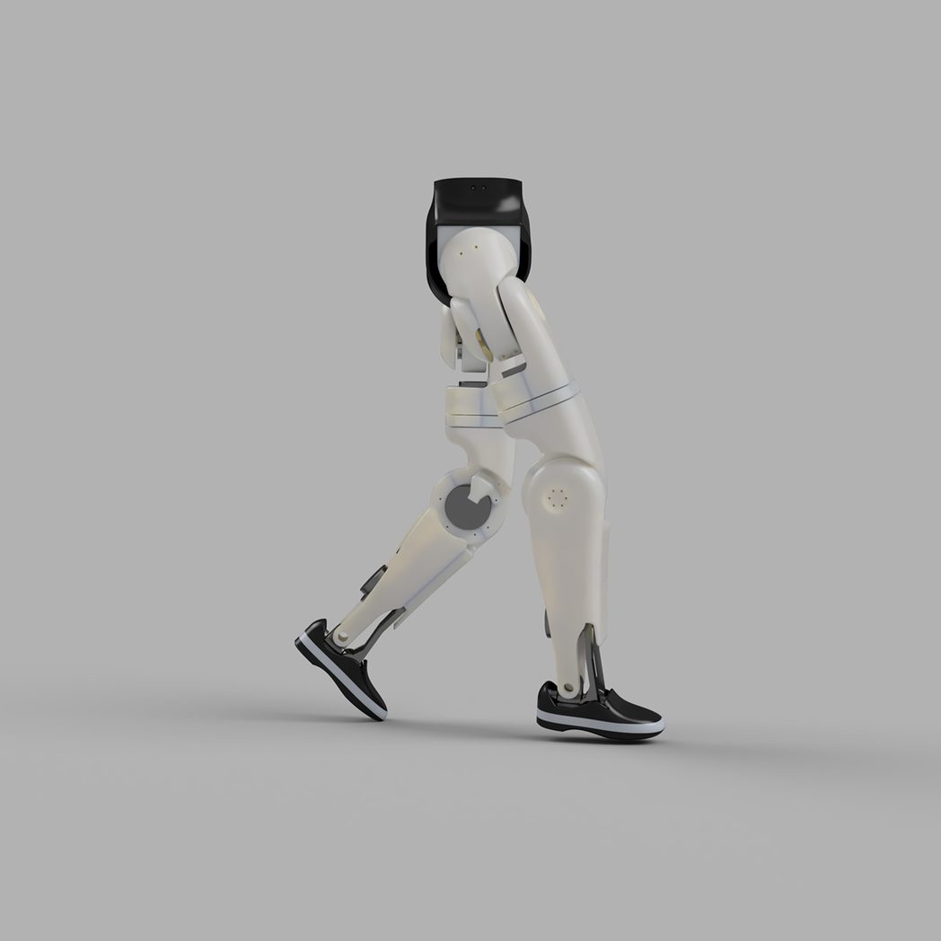 Magick Robotics bipedal robot legs mid-stride